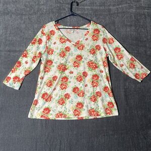 The Pioneer Woman White Red Rose Floral V-Neck Knit Top Shirt Blouse Small S 3/4